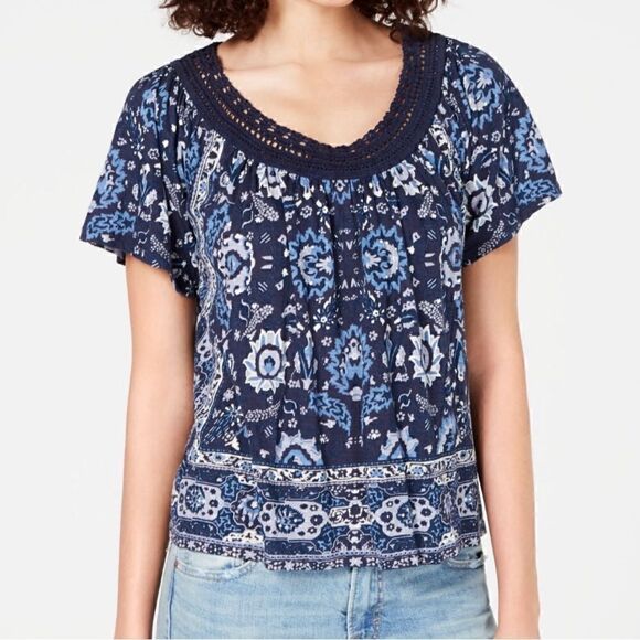 Lucky Brand cotton blend boho print crochet neck top size XS BIN F - Picture 1 of 9
